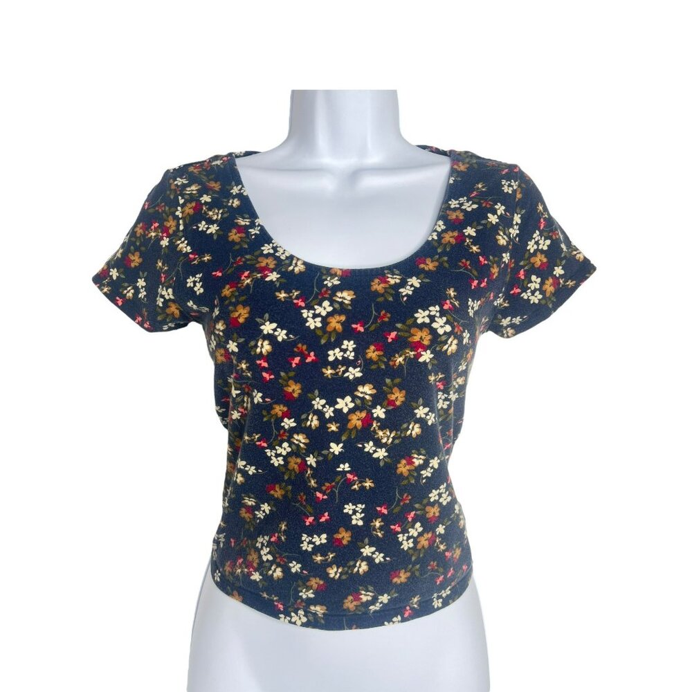 Prince and Fox Women’s Blue Floral Crop Top Tee Size L